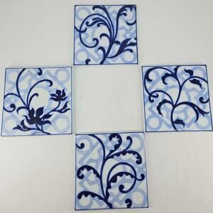 Vintage Bombay Blue White Square Ceramic Coasters Tile Set of 4